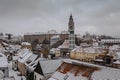 Winter view of Cesky Krumlov,Czech Republic.Famous Czech medieval town with Renaissance and Baroque castle on steep rock above Royalty Free Stock Photo