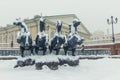 Winter view of the fountain - four horses on Manezhnaya Square in the center