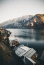 Winter View of Hallstatt, traditional austrian wood village, UNESCO world culture heritage site. Alps, Austria.