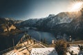 Winter View of Hallstatt, traditional austrian wood village, UNESCO world culture heritage site. Alps, Austria.