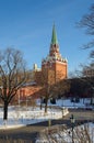 Alexander garden and Troitskaya tower of Moscow Kremlin in winter day, Moscow, Russia Royalty Free Stock Photo