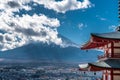 Winter view Mount Fuji first snow and side of Chureito Pagoda at Arakurayama Sengen park. Royalty Free Stock Photo