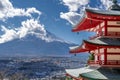 Winter view Mount Fuji first snow and side of Chureito Pagoda at Arakurayama Sengen park.