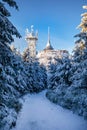 Winter view of mountain top hotel and television transmitter Jested in Liberec, Czech Republic Royalty Free Stock Photo