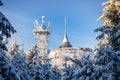 Winter view of mountain top hotel and television transmitter Jested in Liberec, Czech Republic Royalty Free Stock Photo