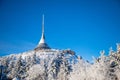 Winter view of mountain top hotel and television transmitter Jested in Liberec, Czech Republic Royalty Free Stock Photo