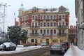 TORUN, POLAND - JANUARY 08, 2016: Winter view of the old historical building of the Hotel Polonia in center of Torun Royalty Free Stock Photo