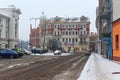 TORUN, POLAND - JANUARY 08, 2016: Winter view of the old historical building of the Hotel Polonia in center of Torun Royalty Free Stock Photo