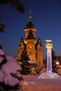 Winter view of the Orthodox Cathedral and Lupa Capitolina statue in front, Timisoara, Romania