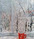 Winter view outside the window in frost, red cup of hot coffe Royalty Free Stock Photo