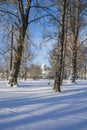 Winter view of the park and church on the background, Tammisaari, Finland