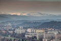 Winter view of rows of socialist tower blocks Miskolc Hungary