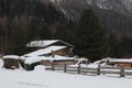 Winter view of rural village covered by snow in Valle Aurina, Italy