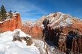 Winter View from Scouts Lookout on Angels Landing Hiking Trail in Zion National Park in Utah
