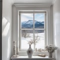 Winter view of snow-capped mountains through a cozy home window Royalty Free Stock Photo