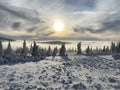 View of snowy mountain ridges in the clouds, Giant Mountains, Czech Republic Royalty Free Stock Photo