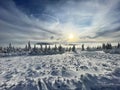 View of snowy mountain ridges in the clouds, Giant Mountains, Czech Republic Royalty Free Stock Photo