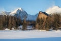 Winter view of the Strbske pleso village with hotel, coniferous forest and snowy peaks.