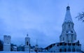Winter view to Ascension Church and Church of St. George with belltower Kolomenskoye, Moscow, Russia Royalty Free Stock Photo