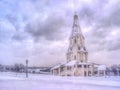 Winter view to Ascension Church after snowfall in Kolomenskoye, Moscow Royalty Free Stock Photo