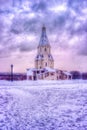 Winter view to Ascension Church after snowfall in Kolomenskoye, Moscow Royalty Free Stock Photo