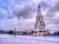 Winter view to Ascension Church after snowfall in Kolomenskoye, Moscow Royalty Free Stock Photo