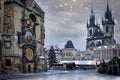 Winter view to the astronomical clock and the old town square of Prague Royalty Free Stock Photo