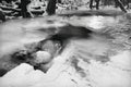 Winter view to frozen brook, icy twigs and icy boulders above rapid stream. Reflections of light in icicles. Black and white Royalty Free Stock Photo