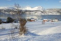 Winter view to Lavangen fjord and Soloy village, Troms county, Norway Royalty Free Stock Photo