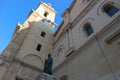 Winter view to the medieval Collegiate Basilica of Santa Maria of Xativa, Spain with blue sky on the background