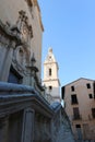 Winter view to the medieval Collegiate Basilica of Santa Maria of Xativa, Spain with blue sky on the background