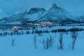 Winter view to Mefjord on Senja island. Cloudy dusk or night in Mountains And Fjords, Winter Landscape, fishing village, Norway Royalty Free Stock Photo