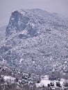 Winter view to Olympus mountains covered in snow, from Litohoro village in Pieria Greece