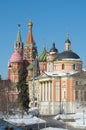 St. Basil`s Cathedral and the Church of St. Barbara the great Martyr in the center of Moscow, Russia Royalty Free Stock Photo