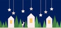 Winter village abstract concept. Tiny houses, fir tree and deer, stars on night sky. Christmas and new year decoration Royalty Free Stock Photo