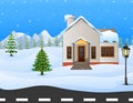 Winter village background with snow covered house and mountains