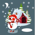 Winter village background with snow covered houses, pine forest and snowman in Santa hat Royalty Free Stock Photo