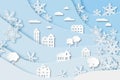 Winter village. Christmas holidays white landscape with house, snowing trees and snowflake vector cut paper decoration Royalty Free Stock Photo