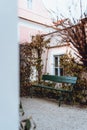 Winter Village Garden with Old Bohemian House and Bench