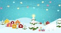 Winter village hill countryside landscape. Colorful buildings. Snow covered fir trees. Polar bear, gift boxes, gralands.