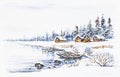 Winter village landscape with boats on frozen river Royalty Free Stock Photo