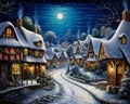 Moon shinning over beautiful village covered with snow at night . Royalty Free Stock Photo