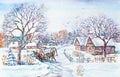 Winter village landscape with Santa in sleigh Royalty Free Stock Photo