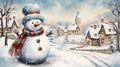 Winter village landscape with snowman. Christmas and New Year background. Generative AI Royalty Free Stock Photo