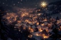 Winter Village Nightscape: Snow, Lights, and Starry Sky Royalty Free Stock Photo