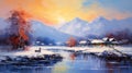 Winter Village Painting: Realistic Impressionism In Himalayan Art