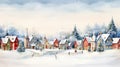 A Winter Village Scene with a Church, Snowy River, and Rounded H