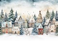 Winter Village with Snow and Illustrated Trees