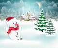 Winter village and snowman in Santa hat Royalty Free Stock Photo