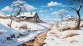 Winter village snowy landscape with pines forest and hills. Drawing art and paint style. Horizontal nature scene AI Generative.